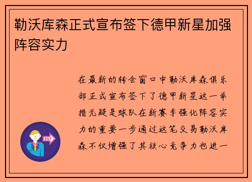 勒沃库森正式宣布签下德甲新星加强阵容实力 勒沃库森正式宣布签下德甲新星加强阵容实力
